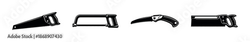 Hand saw vector icons set with carpenter tools, saw illustrations, black silhouettes