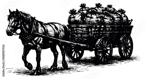 Hand drawn line art illustration of a horse and cart depicting sacks of goods being transported for agriculture and historical concepts