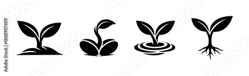 Nature growth vector icons set: sprout, seedling, plant silhouette graphics