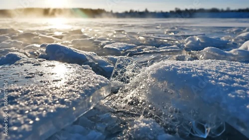 Frozen Lake Surface with Ice Crystals and Sunlight.