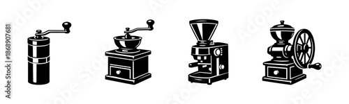 Coffee grinder vector icons set: vintage, modern, retro style brewing equipment