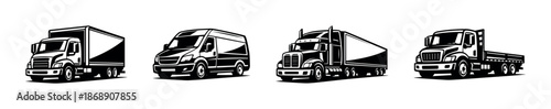 Truck vector icons set. flat black transport symbols. delivery, cargo, freight vehicles.