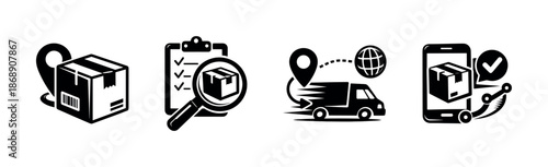 Delivery and shipping vector icons set: logistics, tracking, courier symbols