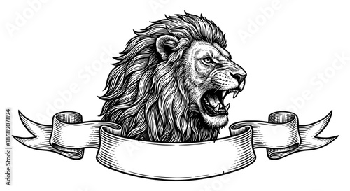 Majestic Lion Emblem: A powerful lion's head with a flowing mane roars with authority, its gaze intense, crowned by a banner with space for a message, all rendered in exquisite detail.
