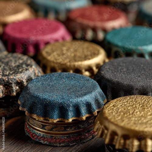 Close-up of various colored bottle caps, textured and arranged together