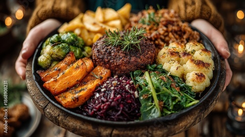 Hands hold a festive plate of roasted vegetables, meat substitute, and sides
