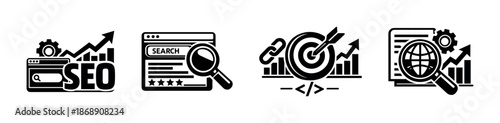 Seo and marketing tools vector icons set: strategies, growth, web analysis