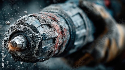 Close-up of a power tool covered in grime, in mid-action