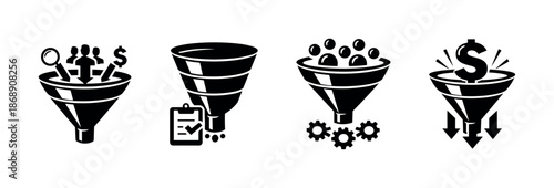 Business funnel vector icons set: marketing, conversion, sales process symbols