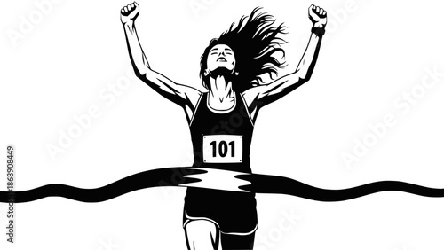 Woman runner crossing the finish line. Silhouette of athletic looking female runner running. Vector, transparent background SVG version.