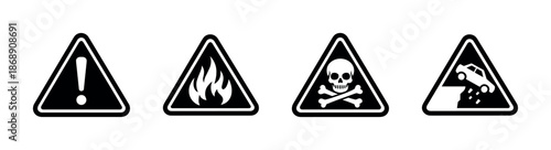 Triangle warning signs vector icons set: danger, fire, skull, car hazards