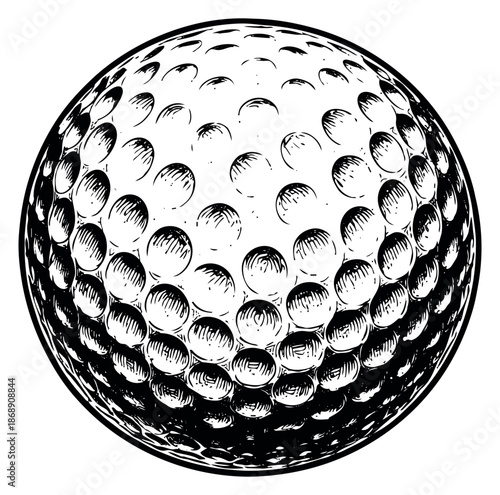 Hand drawn line art illustration of a golf ball depicting its textured dimple pattern for sports and leisure design