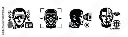 Biometric security vector icons set: face recognition, fingerprint, iris scan