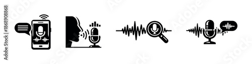 Audio technology vector icons set: microphone, voice, waveform, communication