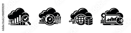 Business cloud vector icons set. data analysis, network, and growth symbols.