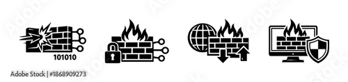 Firewall and cybersecurity vector icons set: protection, safety, security symbols
