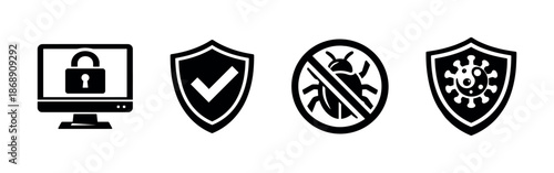Cybersecurity vector icons set: antivirus, malware, virus, security symbols