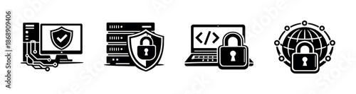 Cybersecurity vector icons set: computer, laptop, network protection symbols