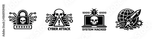 Cybersecurity warning vector icons set with skulls, virus, network symbols