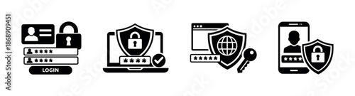 Cybersecurity vector icons set featuring locks, shields, passwords, and keys