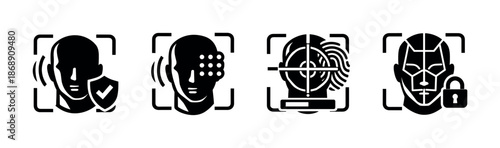 Biometric security vector icons set: face recognition, fingerprint, ai technology
