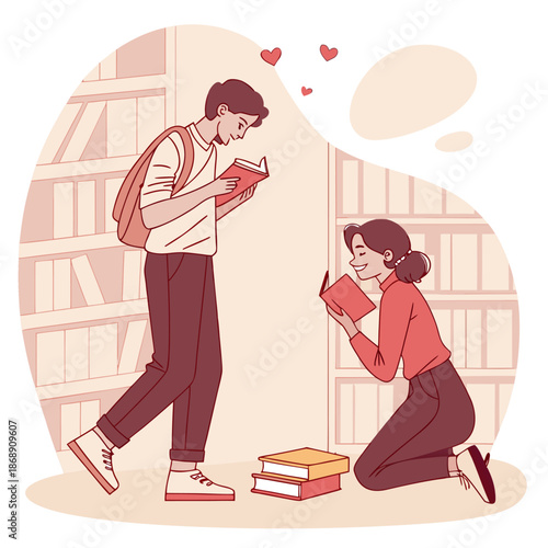 Couple Sharing Literary Moments in Busy Bookstore