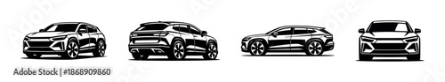 Car vector icons set in various angles. vehicle symbols in flat and outline style