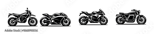 Motorcycles vector icons set: sport, cruiser, dirt bike, chopper silhouettes
