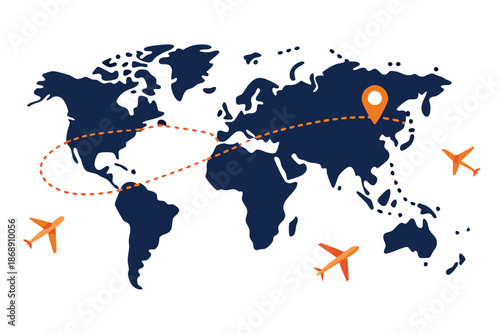 World Map with Travel Routes, Airplanes and Location Pin – Global Aviation and Travel Concept