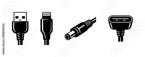 Electronic connectors vector icons set: usb, lightning, dc plug, charging symbols