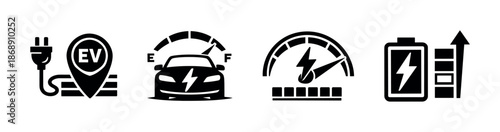 Electric vehicle vector icons set: charging, speed, battery gauge, power symbols