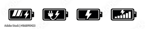 Battery vector icons set: charging, power levels, electricity symbols, energy icons