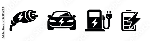 Electric vehicle vector icons set with charging station and battery symbols