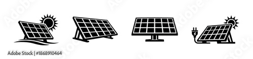 Solar energy vector icons set. black solar panel symbols. renewable energy collection