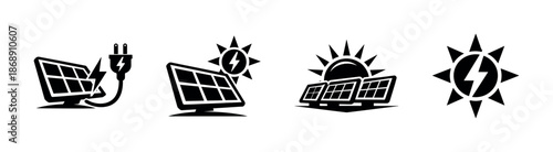 Solar energy vector icons set: renewable symbols, sun, electricity