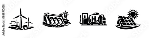 Renewable energy vector icons set: wind, hydroelectric, hydrogen, solar power symbols