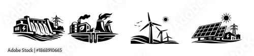 Renewable energy vector icons set: wind, solar, hydropower, sustainable symbols