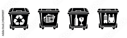 Waste management vector icons set: recycling, trash, bins, flat symbols