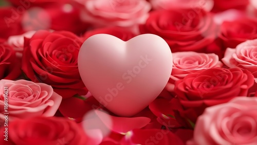 Valentine day heart surrounded by beautiful red and pink roses bouquet