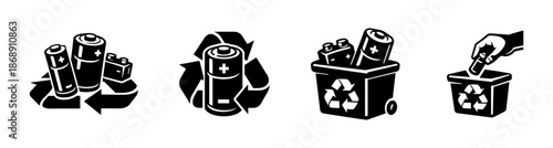 Battery recycling vector icons set. eco battery symbols. sustainable energy icons.