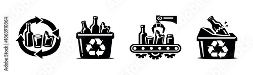 Recycling symbols vector icons set with glass bottle and waste concepts