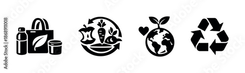 Eco-friendly living vector icons set: sustainability, recycling, zero waste symbols