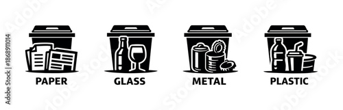 Recycling bins vector icons set: paper, glass, metal, plastic waste symbols