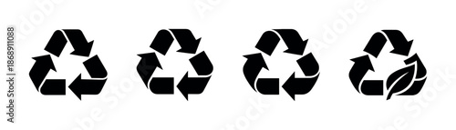 Recycling symbols vector icons set with arrows and leaf for sustainability themes