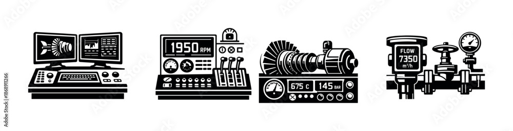 Fototapeta premium Industrial equipment vector icons set: machinery, gauges, control panels, engines