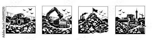 Construction waste management vector icons set: recycling, landfill, machinery, pollution
