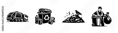 Waste management icons set: recycle, garbage, landfill, sanitation symbols