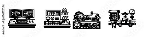 Industrial equipment vector icons set: machinery, gauges, control panels, engines