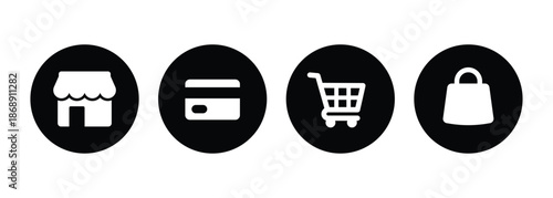 Circular Retail Shopping Icon Set - Minimalist Black and White Ecommerce Vector Symbols