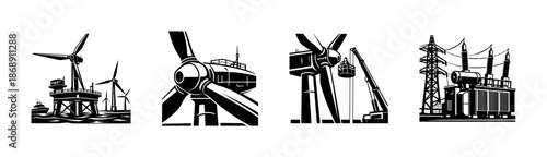 Renewable energy vector icons set: wind turbines, oil rig, power station elements